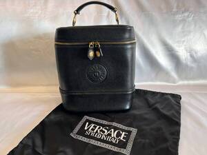 VERSACE ヴェルサーチ サンバースト ハンドバッグ バニティポーチ バニティケース ロゴ 太陽 ブラック系 レザー かばん 鞄