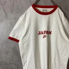 【ホワイト、リンガーTシャツ】NIKEセンターロゴ古着ストリート赤白JAPAN