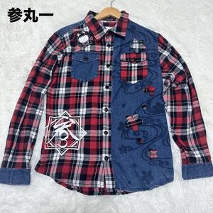 560【サンマルイチ】/参丸一/シャツ/長袖/L/刺繍/花/カエル/チェック/デニム/メンズ/男性/デザイン/バックプリント