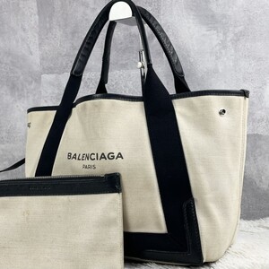 美品 BALENCIAGA バレンシアガ ネイビーカバス トートバッグ ハンド ビジネス キャンバス ロゴ型押し ホック ポーチ付き 大容量 ステッチ