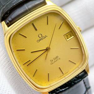 【稼働品】美品 オメガ OMEGA デビル DEVILLE メンズ 腕時計 クオーツ QZ ゴールド文字盤 スクエア デイト 3針 ローマン 1332 動作