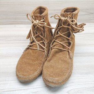 ■ MINNETONKA ミネトンカ レースアップ 定番 フリンジ ショ－ト モカシンブ－ツ サイズ10 キャメル レディース E