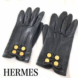 ★ HERMES エルメス セリエ ゴールド ブラック レザー 革 手袋 グローブ サイズ 7 ★ 