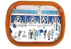 【中古】江戸名所 大傳馬町大丸呉服店の図 ブリキのトレー 歌川広重1847-1852年頃　ヴィンテージ お盆 キズあり 共箱なし MP-3