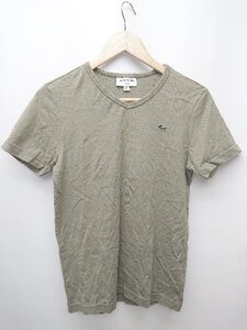 ◇ LACOSTE ラコステ ロゴ Vネック 半袖 Tシャツ カットソー サイズ FR2 US XS カーキ レディース P