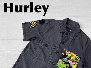 ☆送料無料☆ Hurly ハーレー 古着 半袖 胸ポケット ワッペン付き ボックス シャツ メンズ M ダークグレー トップス 中古 即決