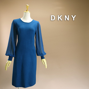 新品 DKNY ダナキャラン XL/19号号サイズ 青 青緑 セータードレス パフスリーブ 長袖 Aライン ワンピース 女子会同窓会 凛19X2204