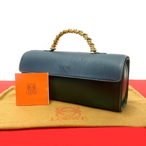 極 美品 LOEWE ロエベ ヴィンテージ ベラスケス ロゴ レザー 本革 ハンドバッグ トートバッグ ミニ ボストンバッグ グリーン 48755