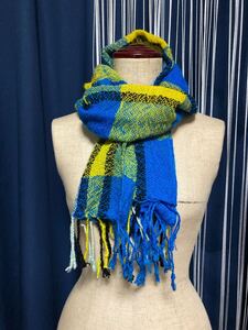 ハンドメイド 手織り ウール100％ ロングマフラー イエロー ブルー系 handmade wool handwoven scarve shawl blue yellow plaid ストール