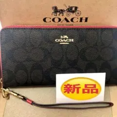 長財布 レディースCOACHコーチストラップ付シグネチャー キャンバスレッド赤色