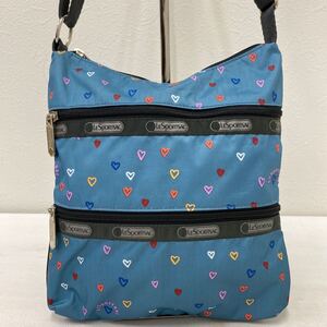 □43−1345 良品 LeSportsac レスポートサック レディース ショルダーバッグ 斜めがけバッグ ブルーグリーン系 ハート柄 軽量 カジュアル 