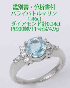 ☆鑑付パライバトルマリン1.46ct+ダイアのPt900製11号弱リング/IP-6604