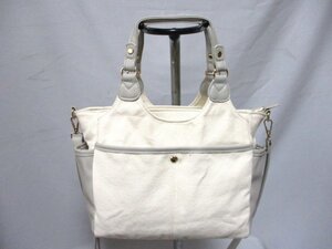 【O835】2way ハンドバッグ◇帆布　IV×グレー　ポケットが沢山　実用的　斜め掛け　W32cm