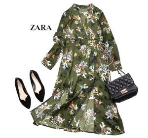 ザラ ZARA BASIC 大人素敵スタイル☆ 花柄 総柄 フラワープリント ウエストマーク フロントサイドスリット ロング ワンピース S