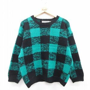 古着 ギャップ GAP 長袖 セーター レディース 80s ウール クルーネック 青緑 バッファローチェック spe 25jan11 中古 ニット トップス