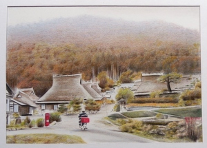 ◎色鉛筆での塗り絵・宅配８０サイズ・秋の茅葺のある風景画 風景画 田園風景画 (163×232)　絵画 色鉛筆画 イラスト