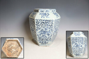 中国美術 開光鳳凰紋六角瓶 唐物 染付六角花瓶 高さ27.7cm（B854）