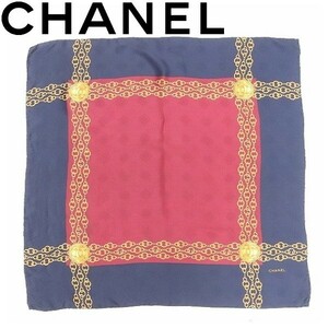 ◆CHANEL シャネル ココマーク チェーン柄 大判 シルク スカーフ 紺 ネイビー