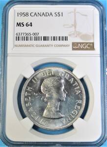 ★★ 稀少 カナダ 1958年 ブリティッシュコロンビア州 100年 1$ 3/4oz .800銀貨 NGC MS64 ★★