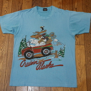 90s USA製 Cruisin Alaska Tシャツ L ブルー Screen Stars アラスカ アニマル 動物 白クマ トナカイ スーベニア イラスト ヴィンテージ