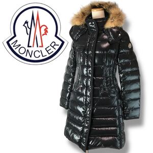 u21 正規品 MONCLER モンクレール ダウンジャケット HERMIFUR ロング ダウンコート 光沢 ブラック size1 ラクーンファー ナイロン 良品