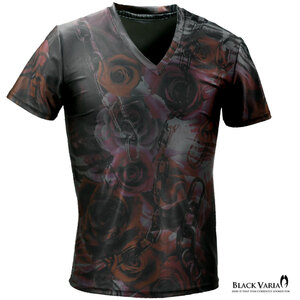 bv10-gyre BLACK VARIA 薔薇 花 チェーン ゼブラ プレミアムVネック半袖Tシャツ メンズ(グレー灰レッド赤) L 吸水速乾 2wayストレッチ