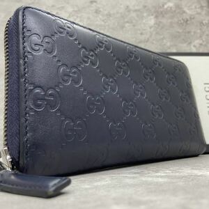 【極美品】 GUCCI グッチ メンズ ビジネス 長財布 ラウンドファスナー シマ GG柄 型押し レザー 本革 ネイビー 紺色 レディース 小銭入れ