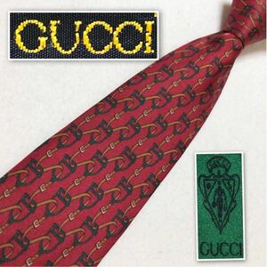 GUCCI グッチ　Accessory Collection アクセサリーコレクション　ネクタイ　あぶみ　ベルト　総柄　シルク100% イタリア製　レッド