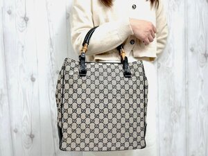 極美品 GUCCI グッチ バンブー GGキャンバス トートバッグ ハンドバッグ バッグ キャンバス×レザー 黒系 A4収納可 78917Y