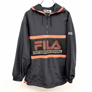 フィラ FILA 薄手 プルオーバージャケット 微起毛裏地 一部メッシュパネル ロゴプリント 長袖 ポリ100% L ブラック×オレンジ 黒 メンズ