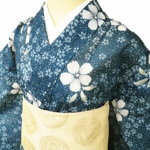 夏物 小紋 着物 中古 ポリエステル 絽 カジュアル 桜模様 御召茶色 多色 身丈156cm 裄62cm M きもの北條 A1000-6