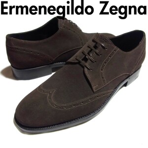 新品 Ermenegildo Zegna エルメネジルド ゼニア スウェード レザー ウイングチップ Wチップ シューズ US9.5 EU8.5 ブラウン