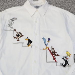 90s LOONEY TUNES 刺繍 ボタンダウンシャツ XS 長袖 シャツ タズ トゥイーティー バックスバニー ルーニーテューンズ キャラクター
