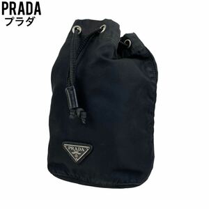 良品　PRADA プラダ　ポーチ　バニティ　巾着　三角ロゴ　ブラック　黒 アクセサリーポーチ　テスートナイロン　ポコノ　三角ロゴプレート 