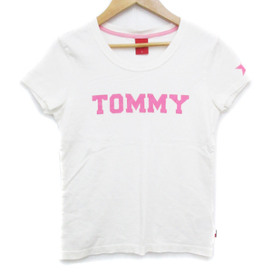 トミーガール tommy girl Tシャツ カットソー 半袖 ラウンドネック 透け感 ロゴプリント S 白 ピンク ホワイト /FF41 レディース