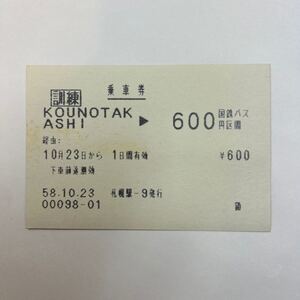 国鉄バス　訓練　KOUNOTAKASHI→600円　札幌駅　S58