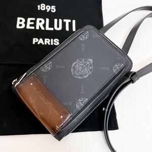 美品/ベルルッティ◎BERLUTI ジグネチャーキャンバスショルダーバッグ ポーチ モノグラム グローバルロッター レザー 本革 ブラック 黒