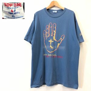 R23-F-N◆ 90s ◆ old ◆ peder eide 半袖Tシャツ カットソー サイン入り USA製 ◆ sizeXL コットン100 ブルー 古着 メンズ 春夏