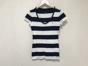 本物トミーヒルフィガーTOMMYHILFIGERコットンボーダー柄Vネック半袖Tシャツ白紺ネイビーアメカジビジネススーツレディース旅行トラベルXS