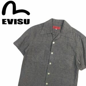 極美品 50s名作復刻 EVISU YAMANE ブラックシャンブレー リネン コットン 開襟 半袖シャツ ロカビリー メンズ38 エヴィス ヤマネ 240977