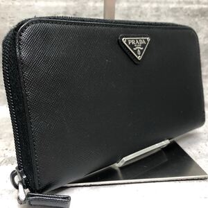 【極美品】 PRADA プラダ 長財布 ラウンドファスナー ジッピーウォレット 三角ロゴ サフィアーノ レザー ビジネス メンズ 黒 シルバーロゴ