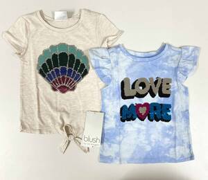 新品 2枚組 110 ★ コストコ blush ガールズ 半袖 Tシャツ 4T キラキラ スパンコール ブルー ベージュ LOVE シェル 貝殻 女の子 セット