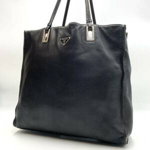 1円◎美品◎PRADA プラダ トートバッグ オールレザー 三角ロゴプレート ハンドバッグ 肩掛け ブラック/黒 A4 書類　ショルダーバッグ ラム