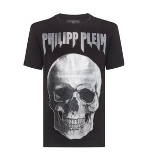 【CU】PHILIPP PLEIN フィリップ プレイン 半袖 Ｔシャツ MTK3307【M】 ブラック メタル チェーン トリミング 箔スカル【新品・正規品】