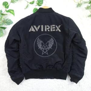 美品　AVIREX　アヴィレックス　ビッグロゴ　刺繍ロゴ　バックロゴ　MA-1　フライトジャケット　ボンバージャケット　M　ブラック　黒