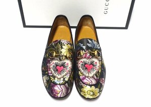 美品 GUCCI グッチ フローラルエンブロイダリー ホースビット ローファー ヨルダーン 431486 ブラック メンズ 7 1/2 26.5-27cm シューズ