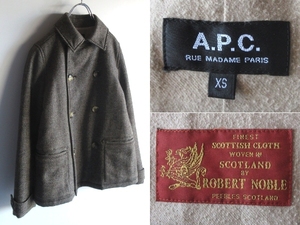 A.P.C. アーペーセー ROBERT NOBLE スコットランド製生地使用 チンスト付 ヘリンボーンウール ツイード ダブルジャケット Pコート XS