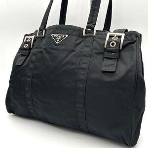 美品●PRADA プラダ●三角ロゴプレート●ダブルベルト●ポコノ ナイロン カーフ レザー 本革●トート バッグ●黒●SV金具●B5●