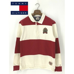 A8902/春夏 TOMMY HILFIGER トミーヒルフィガー DENIM コットン 長袖 ボーダー ヘンリーネック ワッペン ラガー Tシャツ L 赤 白 メンズ