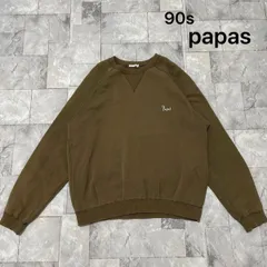 90s papas パパス sweat スウェット トレーナー Vネック ラグラン 両面プリントロゴ ヴィンテージ カーキ サイズXL相当 玉SS2679